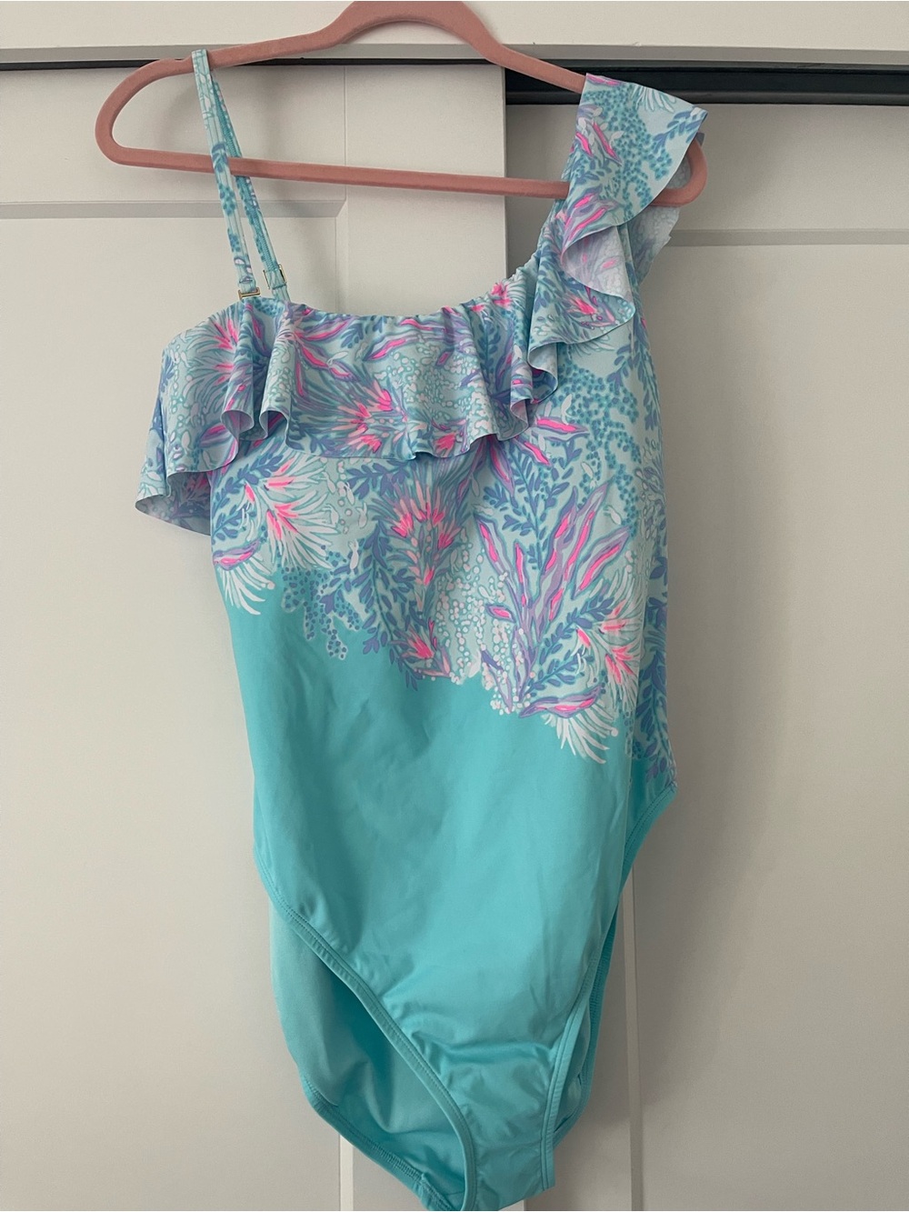 Lilly Pulitzer Turquoise One-Shoulder Ruffle Swimsuit with Pink Coral Print - Picture 3 of 4
